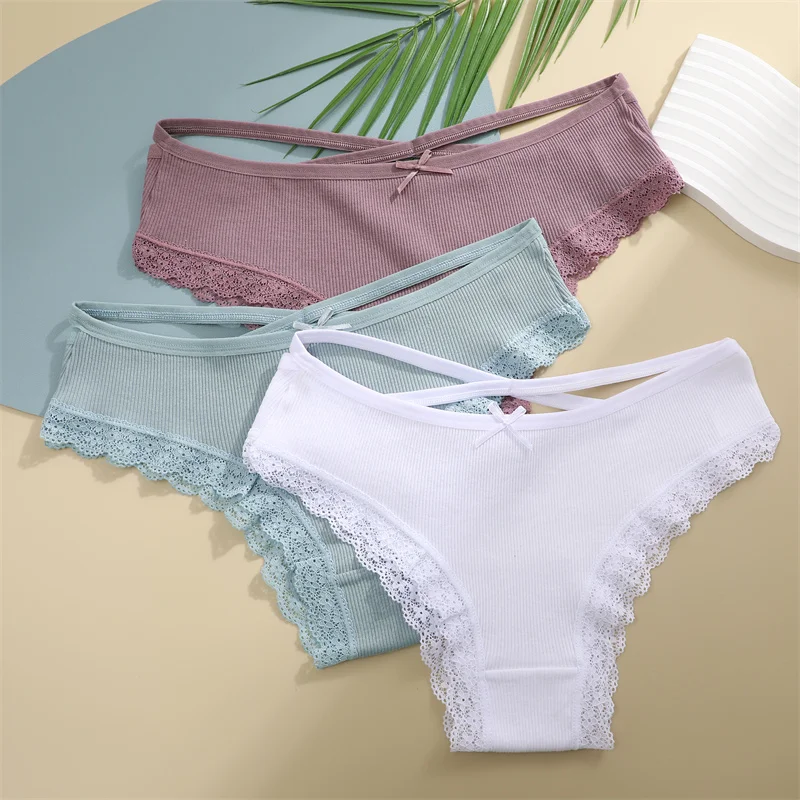 5PCS Women's Cotton Briefs Sexy Lace Underpant Hollow Brazilian Panties Comfortable Underwear Lingerie S-XL Solid Color Lingerie