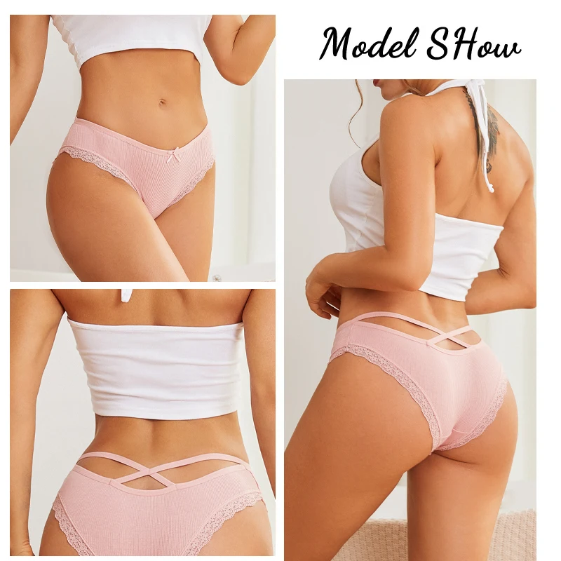 5PCS Women's Cotton Briefs Sexy Lace Underpant Hollow Brazilian Panties Comfortable Underwear Lingerie S-XL Solid Color Lingerie