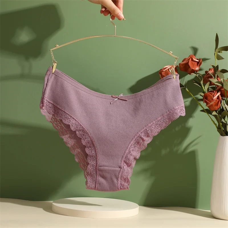 5PCS Women's Cotton Briefs Sexy Lace Underpant Hollow Brazilian Panties Comfortable Underwear Lingerie S-XL Solid Color Lingerie