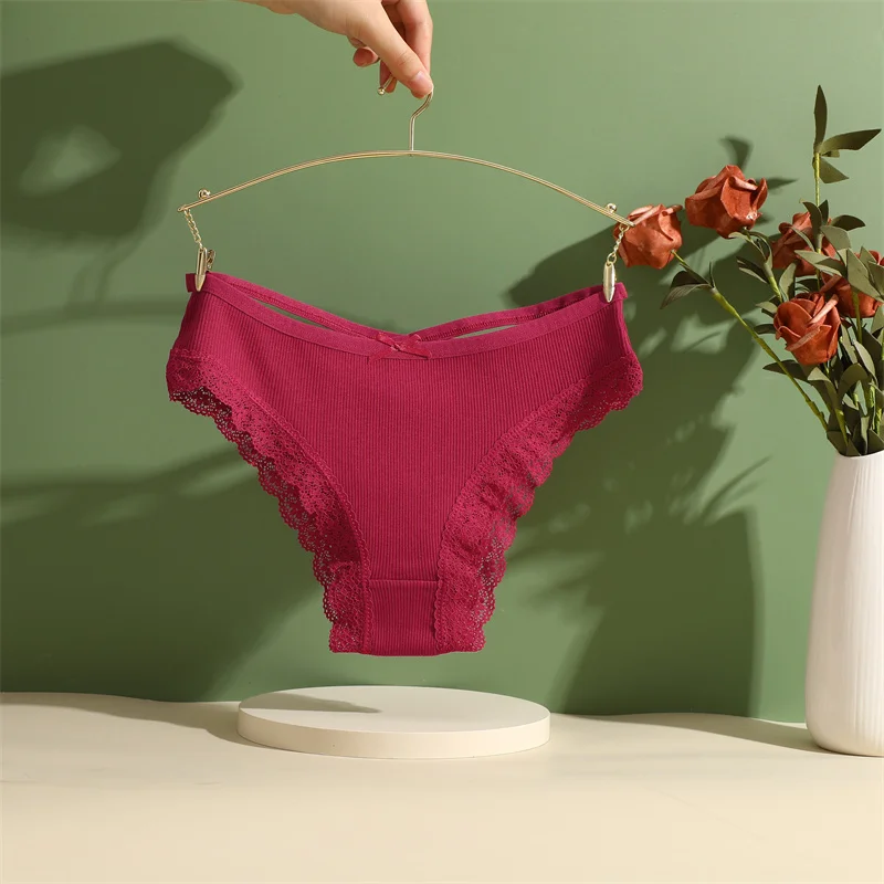 5PCS Women's Cotton Briefs Sexy Lace Underpant Hollow Brazilian Panties Comfortable Underwear Lingerie S-XL Solid Color Lingerie