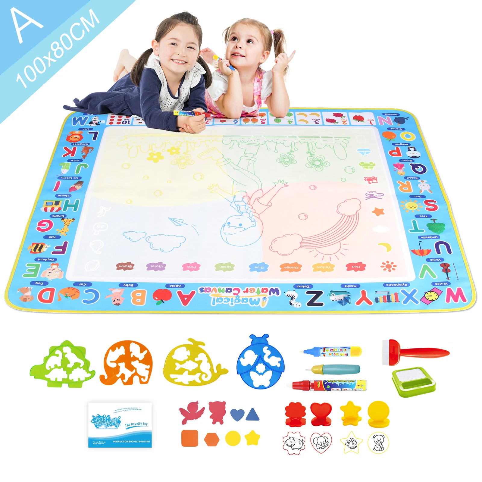 Coolplay Water Doodle Mat Coloring Drawing Mat with Reusable Magic Pens Montessori Painting Board Educational Toys Kids Gifts