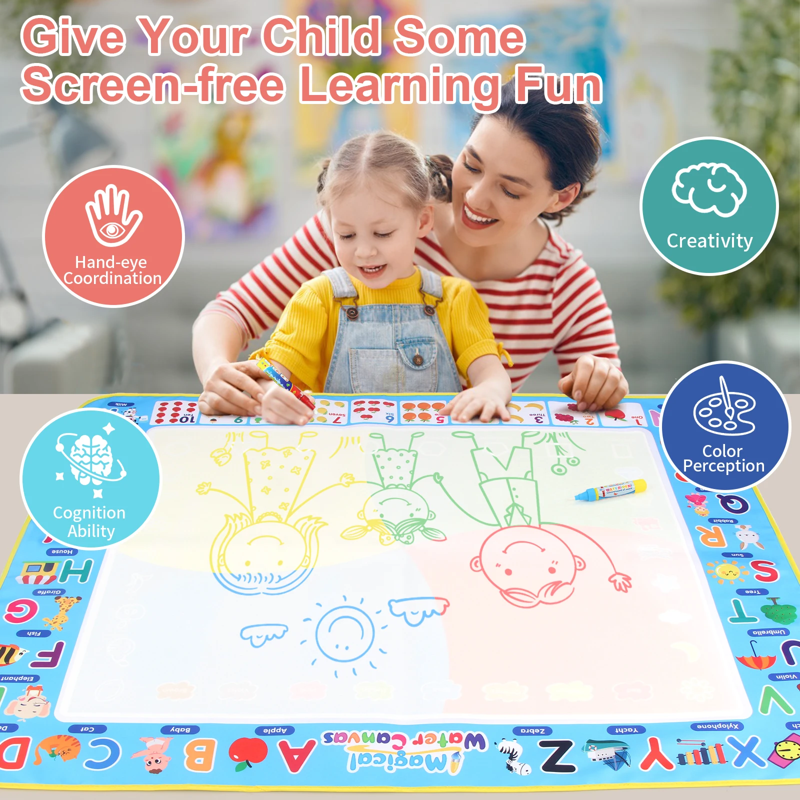 Coolplay Water Doodle Mat Coloring Drawing Mat with Reusable Magic Pens Montessori Painting Board Educational Toys Kids Gifts