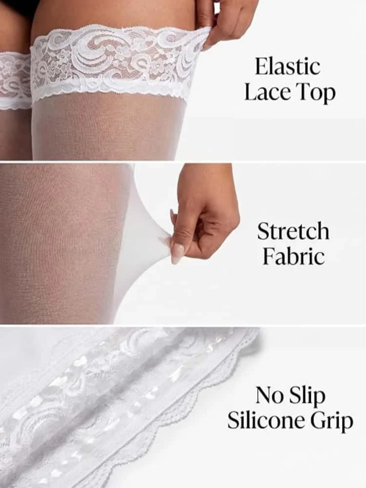 FREEAUCE Oversize Women Plus Size Black Lace Top Stay Up Anti-slip Over Thigh Knee High Elastic Sexy Fishnet Long Sock Stockings