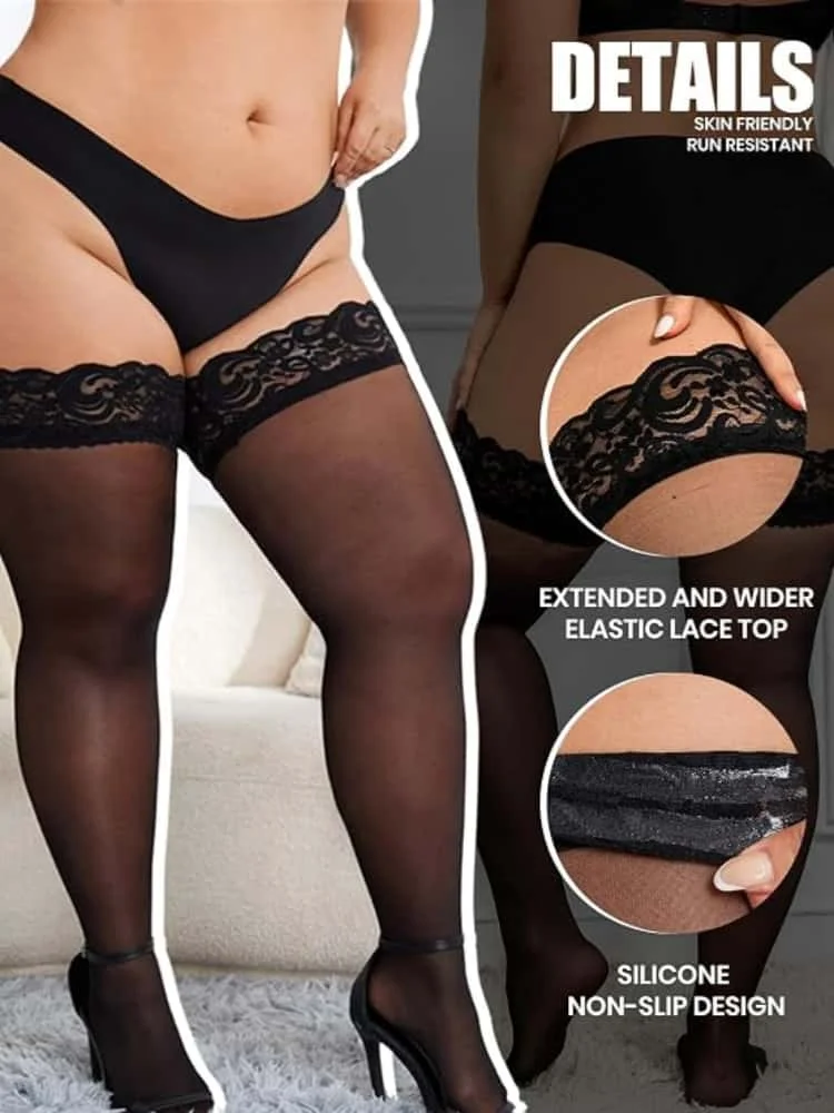 FREEAUCE Oversize Women Plus Size Black Lace Top Stay Up Anti-slip Over Thigh Knee High Elastic Sexy Fishnet Long Sock Stockings