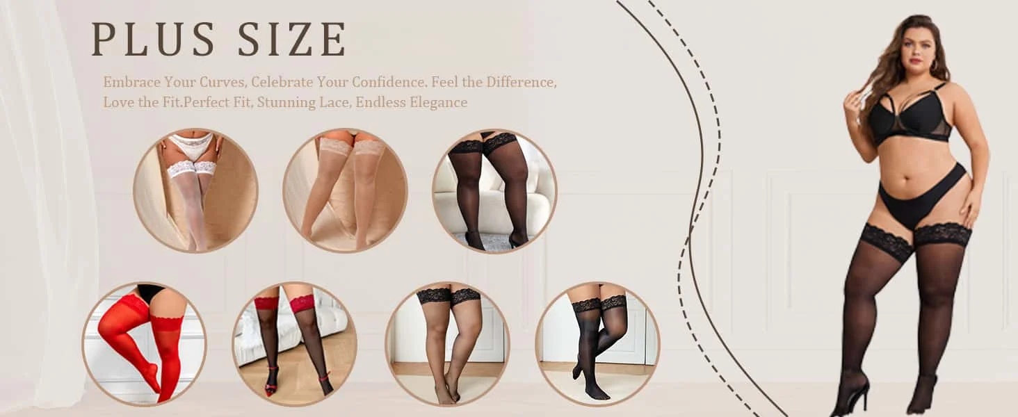 FREEAUCE Oversize Women Plus Size Black Lace Top Stay Up Anti-slip Over Thigh Knee High Elastic Sexy Fishnet Long Sock Stockings