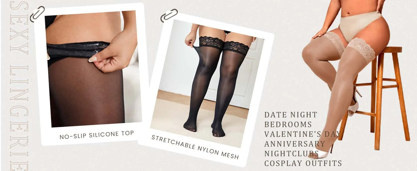 FREEAUCE Oversize Women Plus Size Black Lace Top Stay Up Anti-slip Over Thigh Knee High Elastic Sexy Fishnet Long Sock Stockings