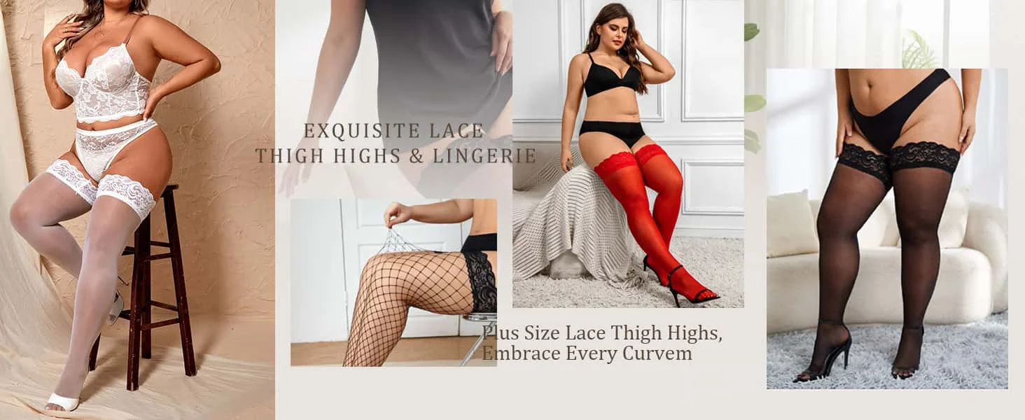 FREEAUCE Oversize Women Plus Size Black Lace Top Stay Up Anti-slip Over Thigh Knee High Elastic Sexy Fishnet Long Sock Stockings