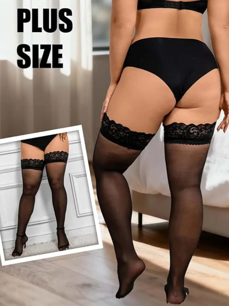 FREEAUCE Oversize Women Plus Size Black Lace Top Stay Up Anti-slip Over Thigh Knee High Elastic Sexy Fishnet Long Sock Stockings