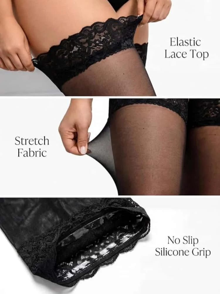 FREEAUCE Oversize Women Plus Size Black Lace Top Stay Up Anti-slip Over Thigh Knee High Elastic Sexy Fishnet Long Sock Stockings