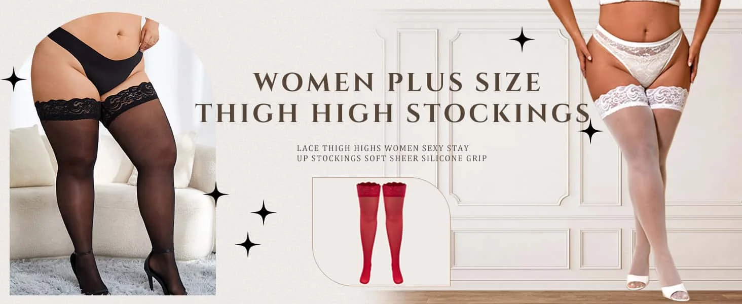 FREEAUCE Oversize Women Plus Size Black Lace Top Stay Up Anti-slip Over Thigh Knee High Elastic Sexy Fishnet Long Sock Stockings