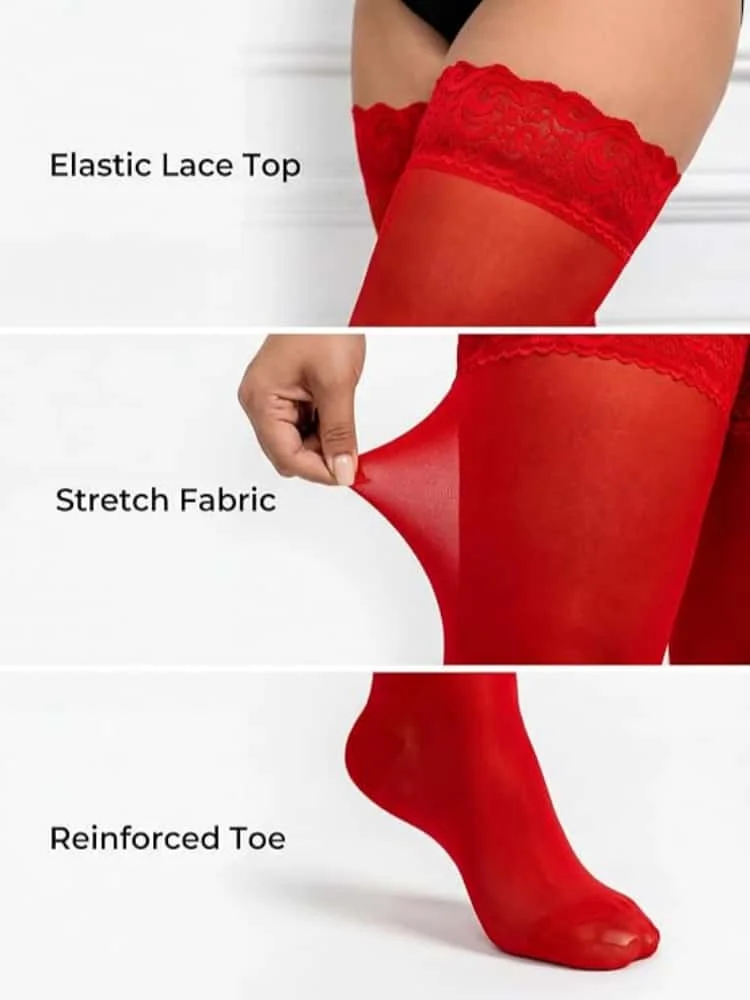 FREEAUCE Oversize Women Plus Size Black Lace Top Stay Up Anti-slip Over Thigh Knee High Elastic Sexy Fishnet Long Sock Stockings