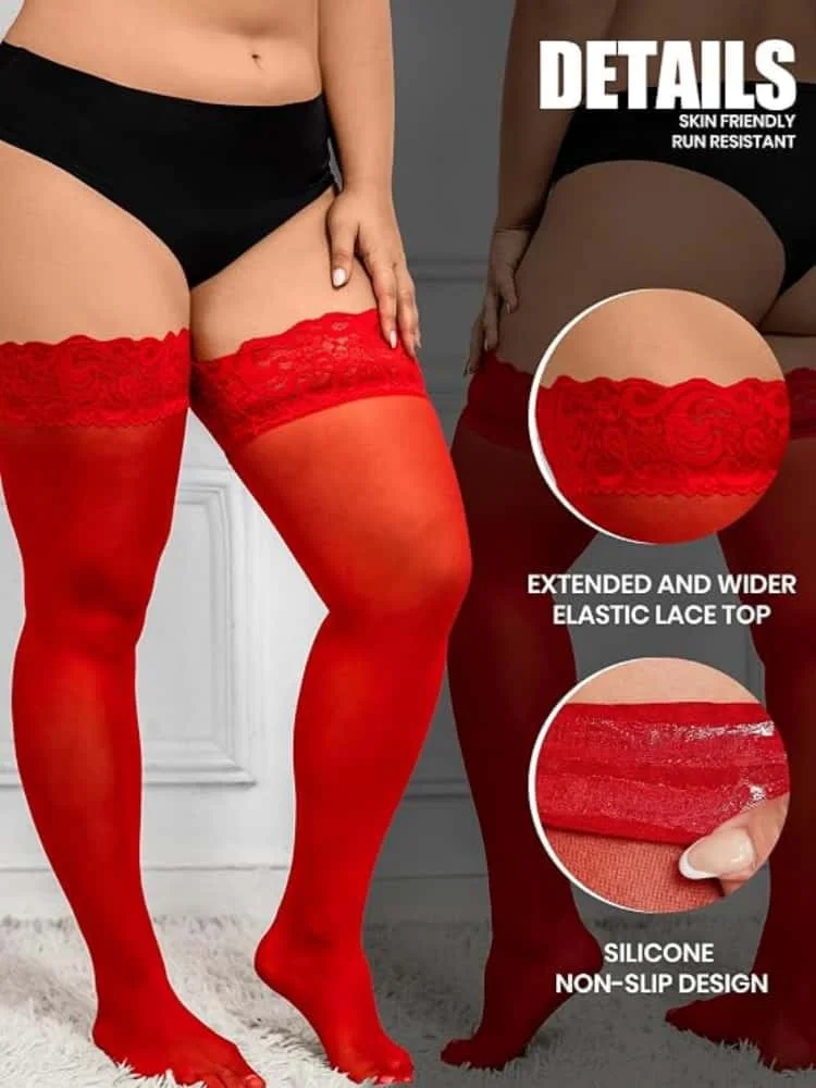 FREEAUCE Oversize Women Plus Size Black Lace Top Stay Up Anti-slip Over Thigh Knee High Elastic Sexy Fishnet Long Sock Stockings