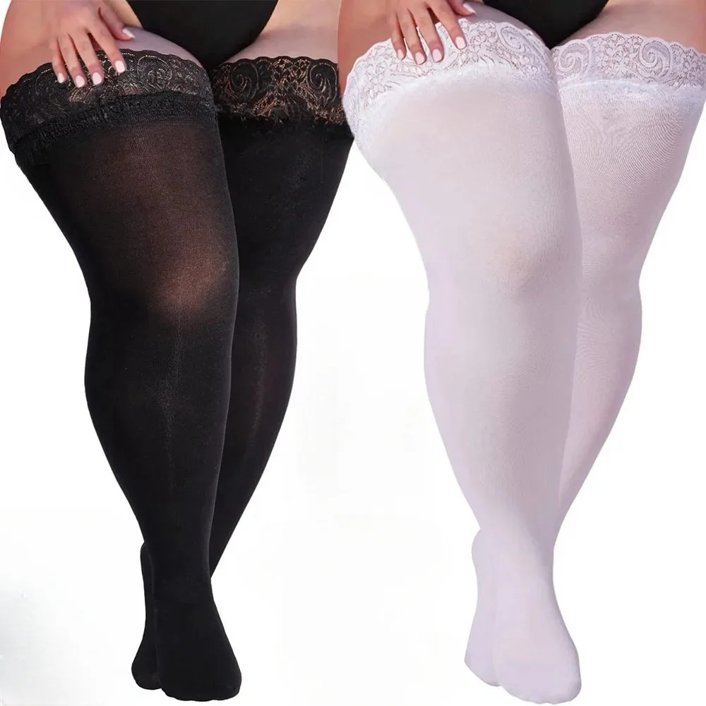 FREEAUCE Oversize Women Plus Size Black Lace Top Stay Up Anti-slip Over Thigh Knee High Elastic Sexy Fishnet Long Sock Stockings