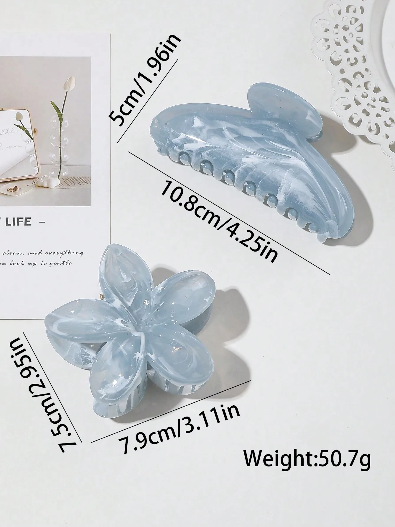 2Pcs/Set Fashion Ocean Blue Plumeria Acetate Hair Claws Hair Clips For Women Girls Party Ponytail Holder Hair Accessories