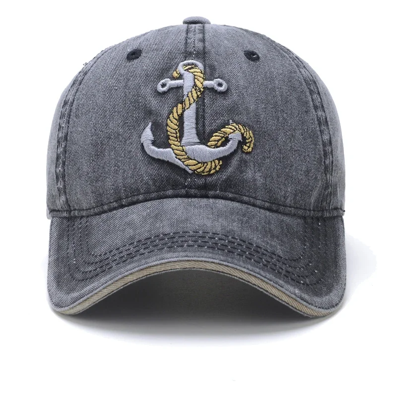 Washed Anchor Embroidered Denim Baseball Cap Outdoor Korean Style Distressed Summer Mens Cap