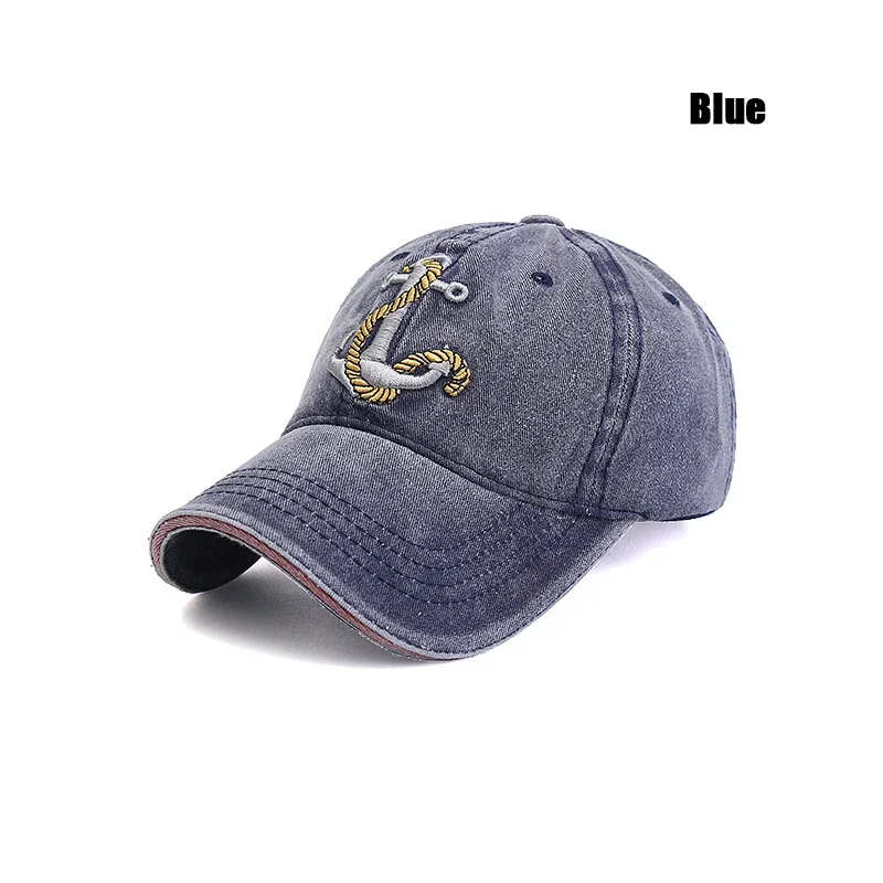Washed Anchor Embroidered Denim Baseball Cap Outdoor Korean Style Distressed Summer Mens Cap