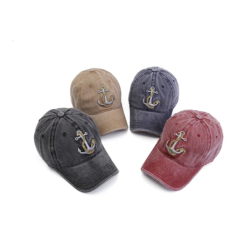 Washed Anchor Embroidered Denim Baseball Cap Outdoor Korean Style Distressed Summer Mens Cap