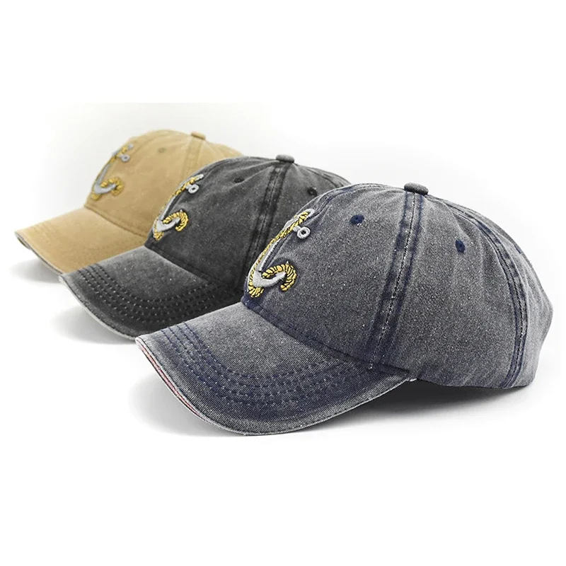 Washed Anchor Embroidered Denim Baseball Cap Outdoor Korean Style Distressed Summer Mens Cap