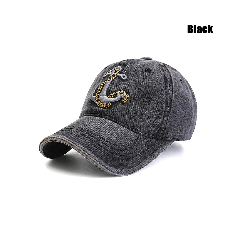 Washed Anchor Embroidered Denim Baseball Cap Outdoor Korean Style Distressed Summer Mens Cap
