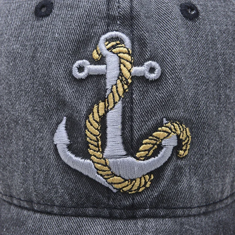 Washed Anchor Embroidered Denim Baseball Cap Outdoor Korean Style Distressed Summer Mens Cap