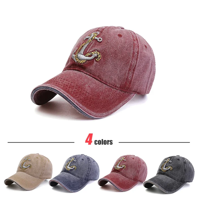 Washed Anchor Embroidered Denim Baseball Cap Outdoor Korean Style Distressed Summer Mens Cap