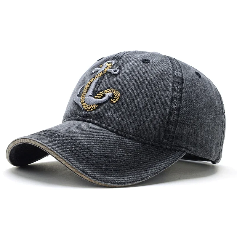 Washed Anchor Embroidered Denim Baseball Cap Outdoor Korean Style Distressed Summer Mens Cap