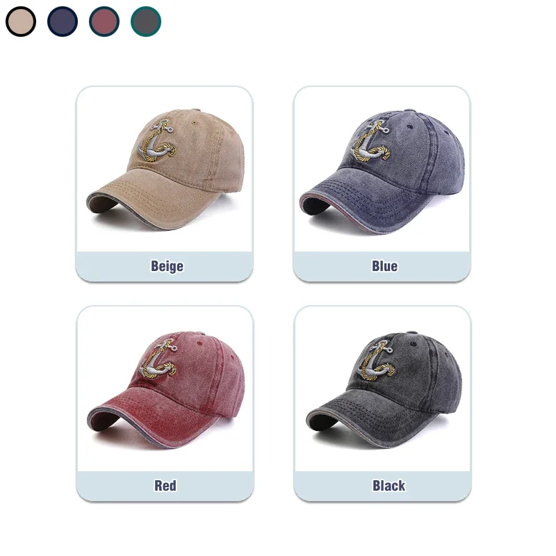 Washed Anchor Embroidered Denim Baseball Cap Outdoor Korean Style Distressed Summer Mens Cap