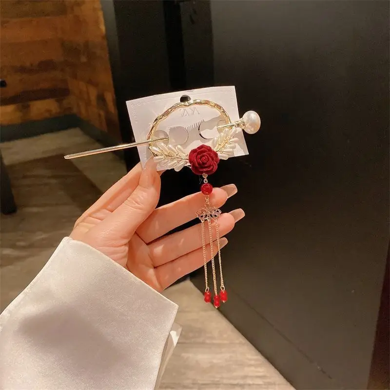 Chinese Style New Headwear Floral Hair Sticks for Women Tassel Hairpin Modern Hanfu Style Hair Clip Female Hair Accessories