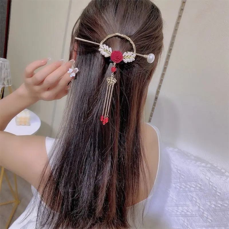 Chinese Style New Headwear Floral Hair Sticks for Women Tassel Hairpin Modern Hanfu Style Hair Clip Female Hair Accessories
