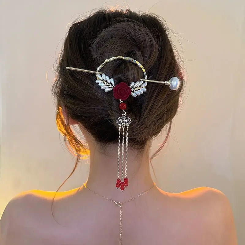 Chinese Style New Headwear Floral Hair Sticks for Women Tassel Hairpin Modern Hanfu Style Hair Clip Female Hair Accessories