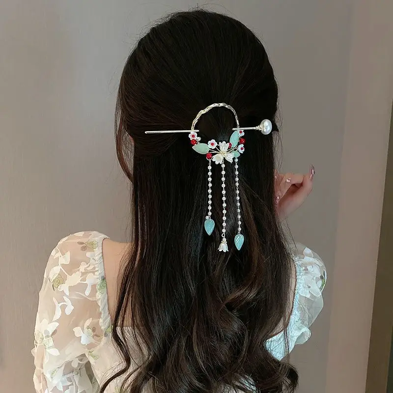 Chinese Style New Headwear Floral Hair Sticks for Women Tassel Hairpin Modern Hanfu Style Hair Clip Female Hair Accessories