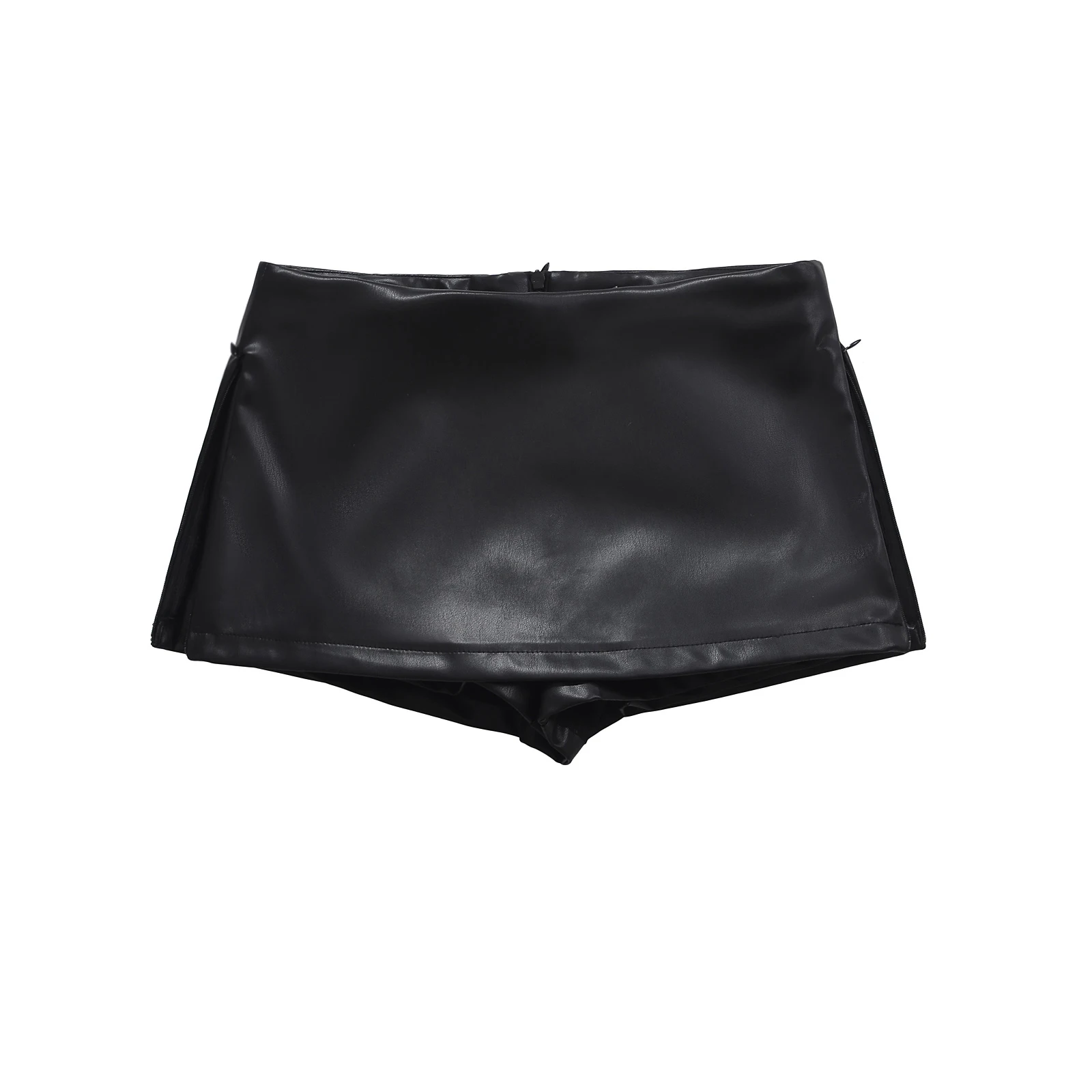 Faux Leather Mini Skirts Elegant Korean Fashion Black PU Skirts For Woman Low Rise Skirt Zip Up Split Skirt With Shorts Brown