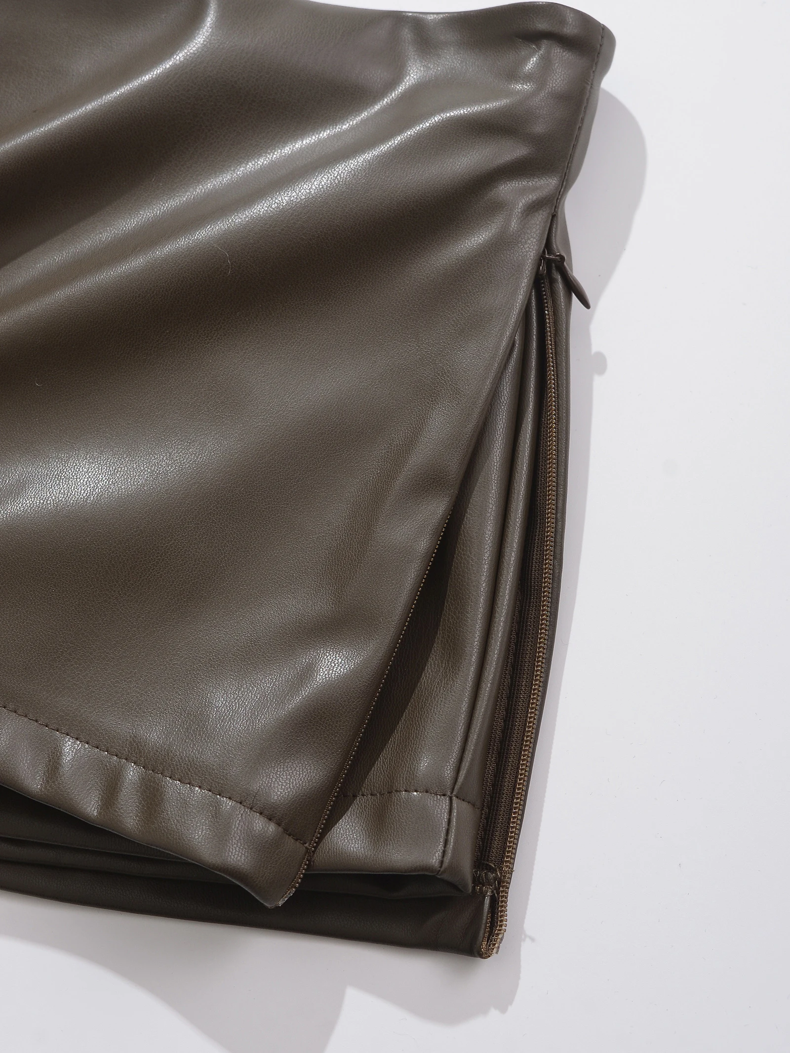 Faux Leather Mini Skirts Elegant Korean Fashion Black PU Skirts For Woman Low Rise Skirt Zip Up Split Skirt With Shorts Brown
