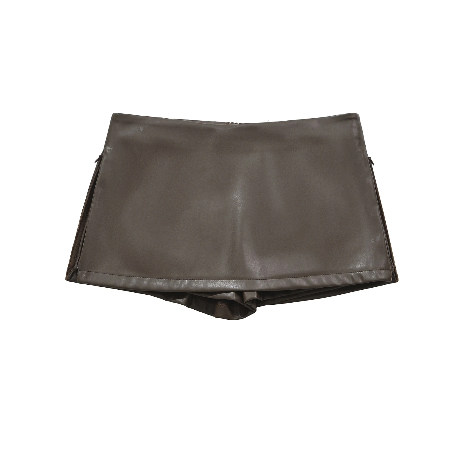 Faux Leather Mini Skirts Elegant Korean Fashion Black PU Skirts For Woman Low Rise Skirt Zip Up Split Skirt With Shorts Brown