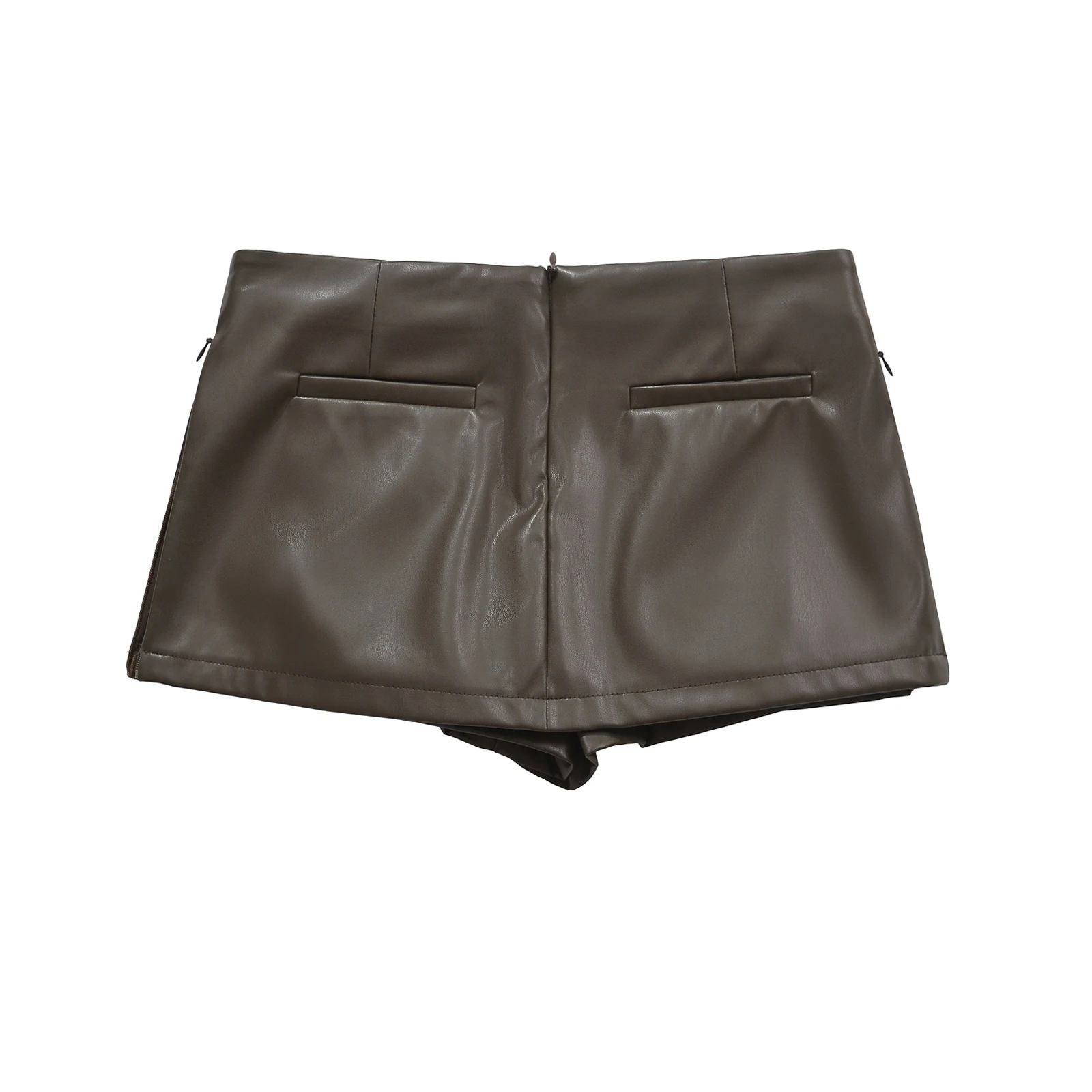 Faux Leather Mini Skirts Elegant Korean Fashion Black PU Skirts For Woman Low Rise Skirt Zip Up Split Skirt With Shorts Brown