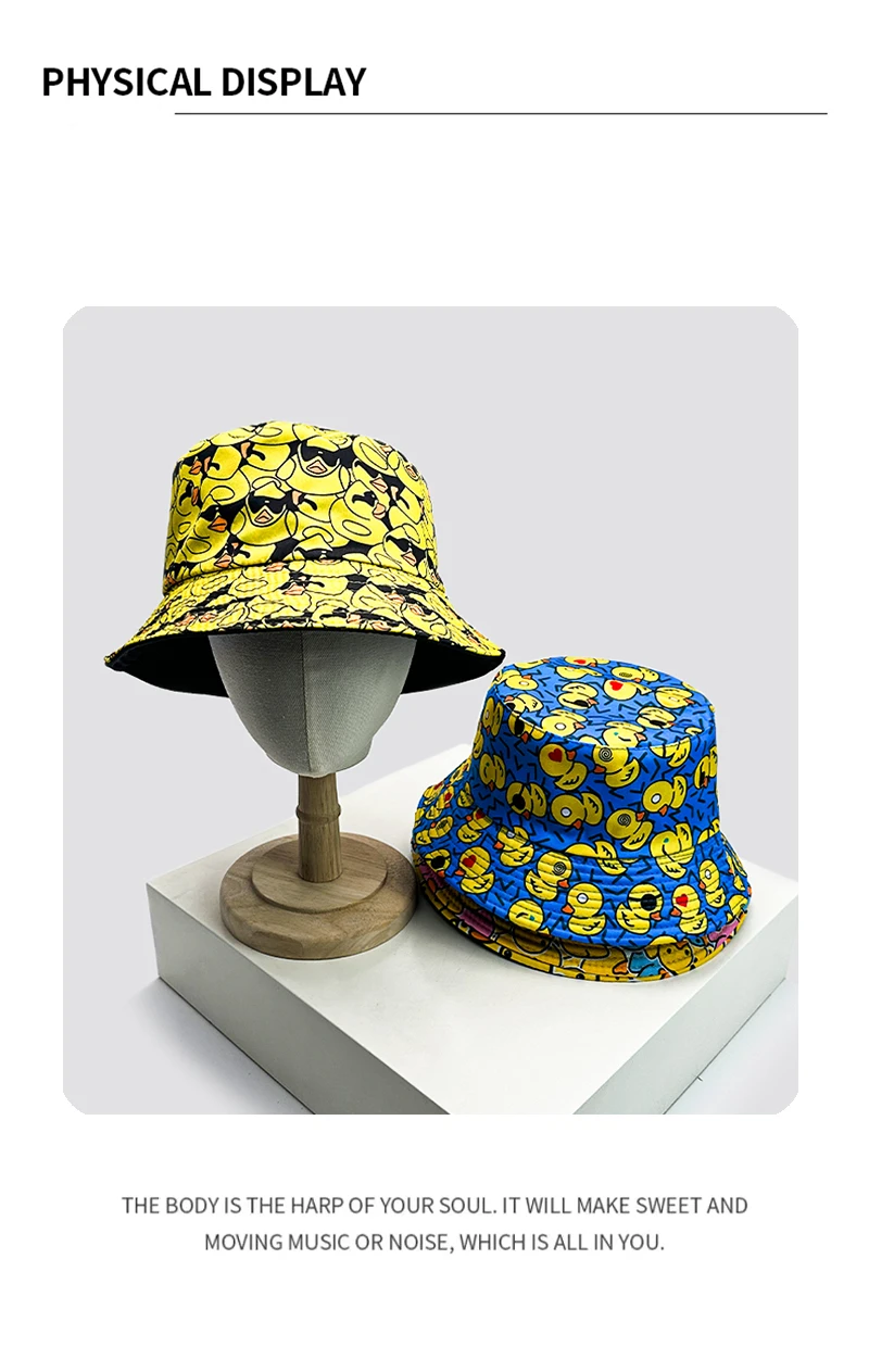 New Unisex Print Yellow Duck Bucket Hats Sunshade Double Sided Wearable Fashion Cute Casual Fisherman Caps Versatile Cartoon Ins