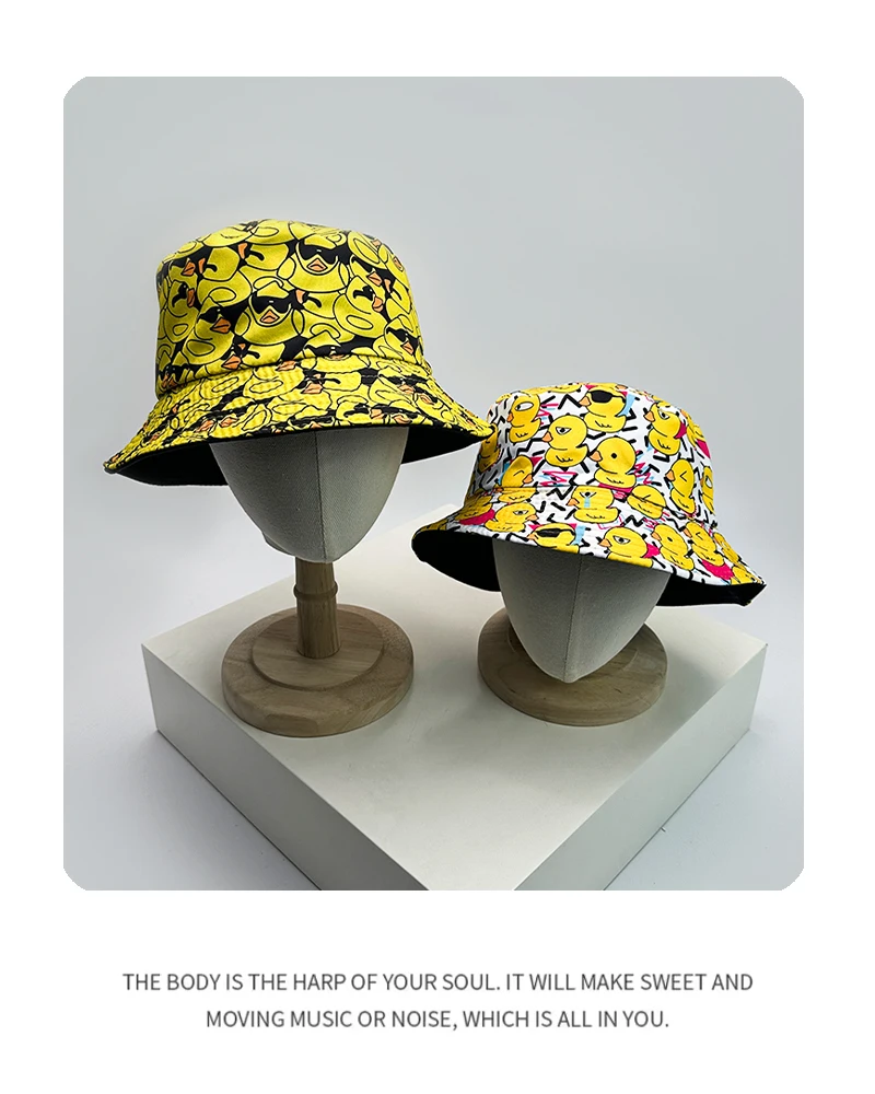 New Unisex Print Yellow Duck Bucket Hats Sunshade Double Sided Wearable Fashion Cute Casual Fisherman Caps Versatile Cartoon Ins