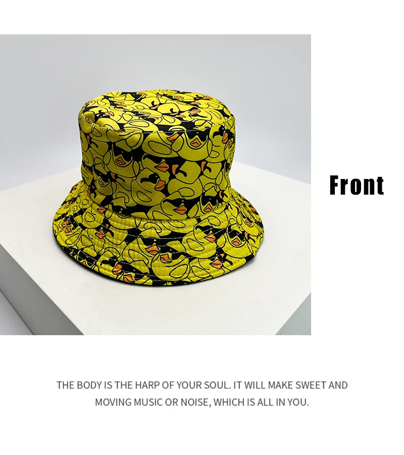 New Unisex Print Yellow Duck Bucket Hats Sunshade Double Sided Wearable Fashion Cute Casual Fisherman Caps Versatile Cartoon Ins