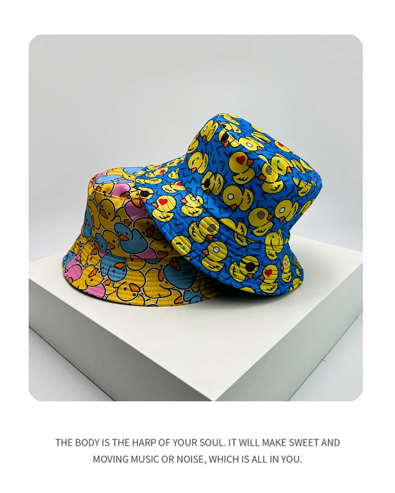 New Unisex Print Yellow Duck Bucket Hats Sunshade Double Sided Wearable Fashion Cute Casual Fisherman Caps Versatile Cartoon Ins