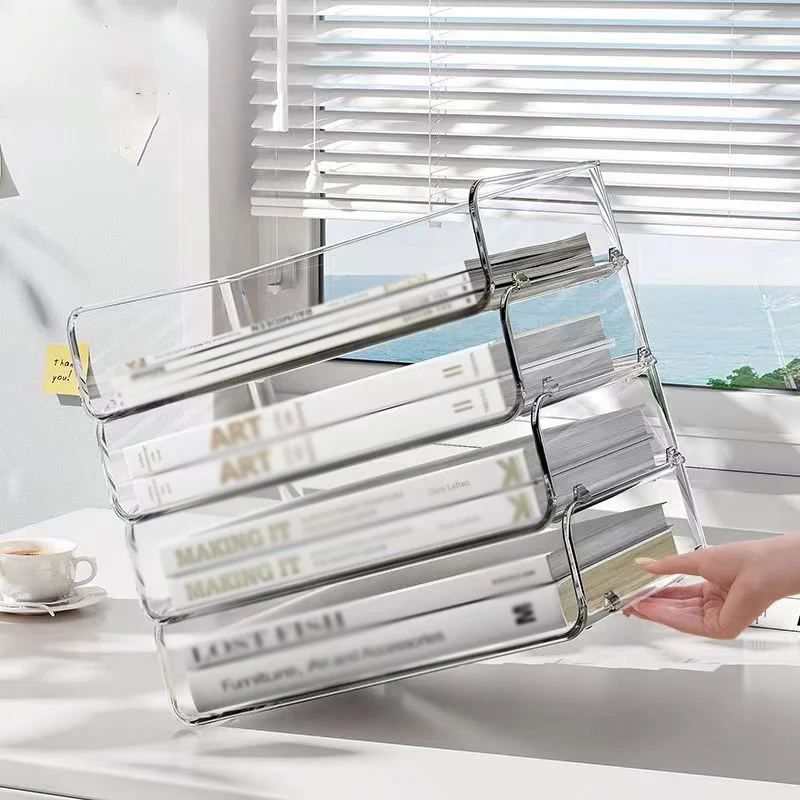 Desktop File Organizer Stackable Storage Tray Clear Paper Rack Stationery Box Transparent Holder Home Office Magazine Book Shelf