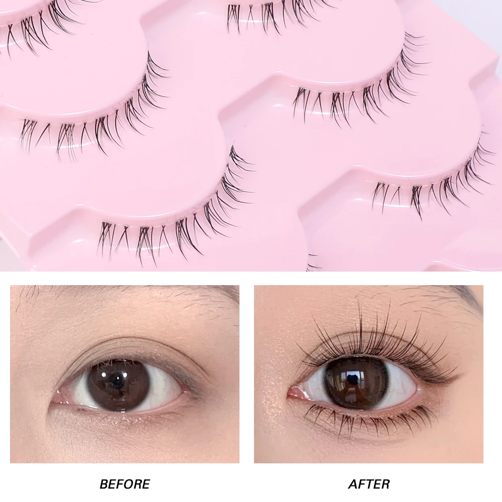 Lower Eyelashes Pack 5 Pairs Natural Manga Under Eye Lashes Soft Lower Eyelashes Handmade Clear Band Bottom Lashes Makeup Tools
