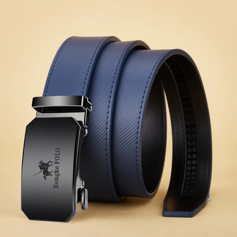 OYIFAN Men's Belt Blue Striped Belt Fashion Jeans Belt Genuine Leather Belt Automatic Buckle Belts
