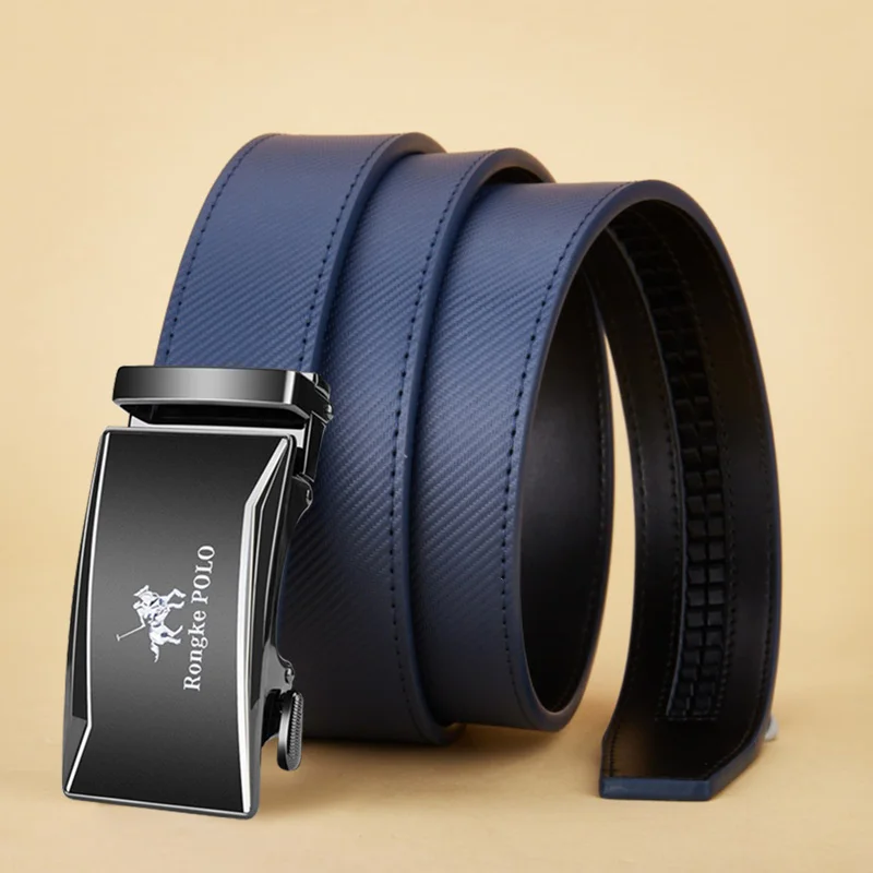 OYIFAN Men's Belt Blue Striped Belt Fashion Jeans Belt Genuine Leather Belt Automatic Buckle Belts