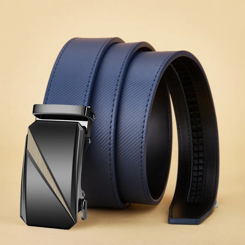 OYIFAN Men's Belt Blue Striped Belt Fashion Jeans Belt Genuine Leather Belt Automatic Buckle Belts