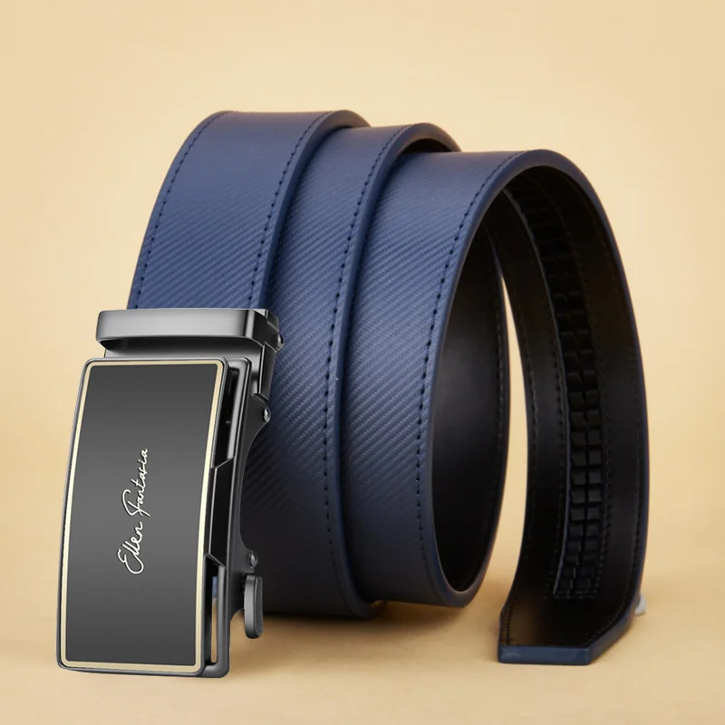 OYIFAN Men's Belt Blue Striped Belt Fashion Jeans Belt Genuine Leather Belt Automatic Buckle Belts