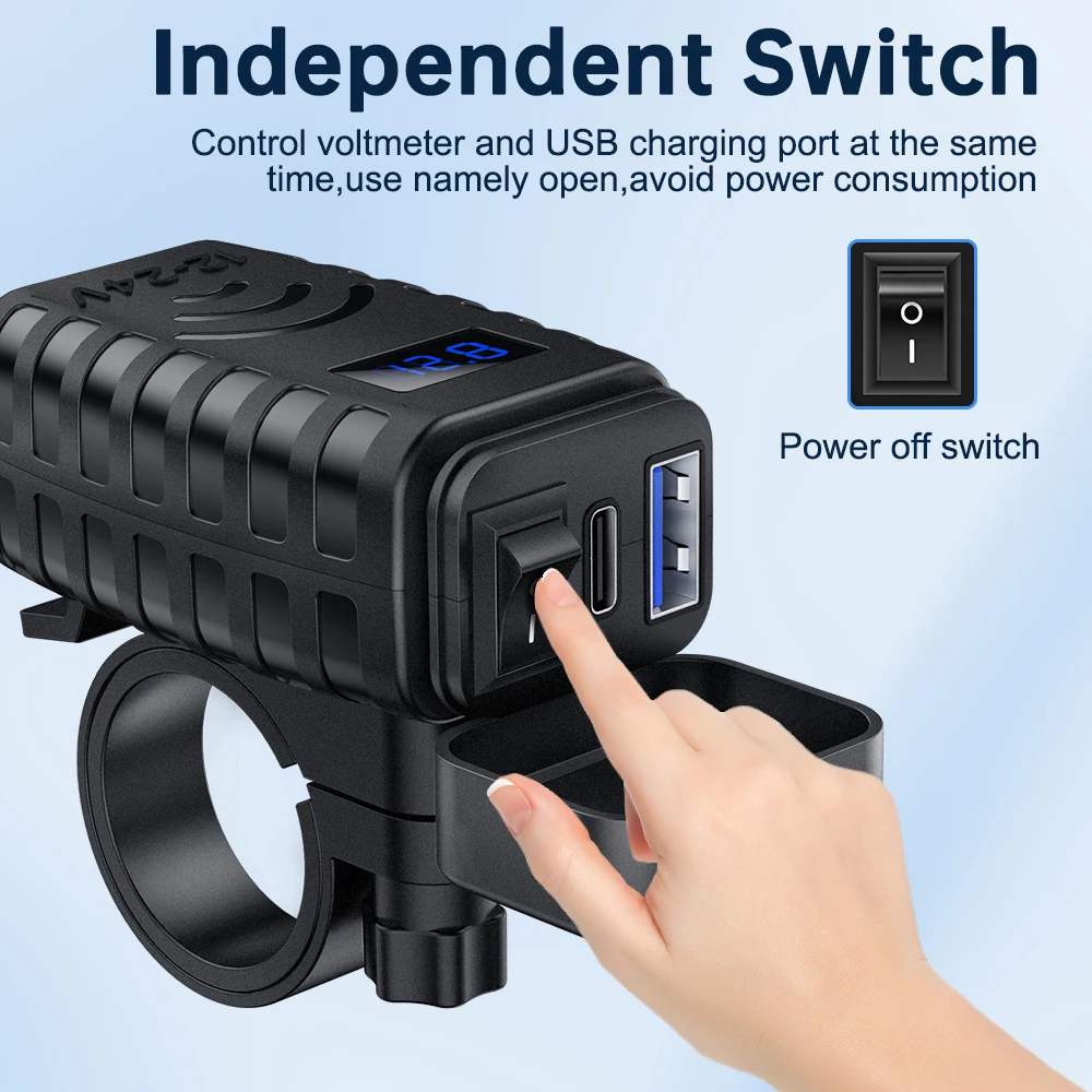 Extractme Motorcycle USB Fast Charger Waterproof Socket With Type C QC3.0 Power Outlet Moto Phone Charger with Voltmeter &Switch