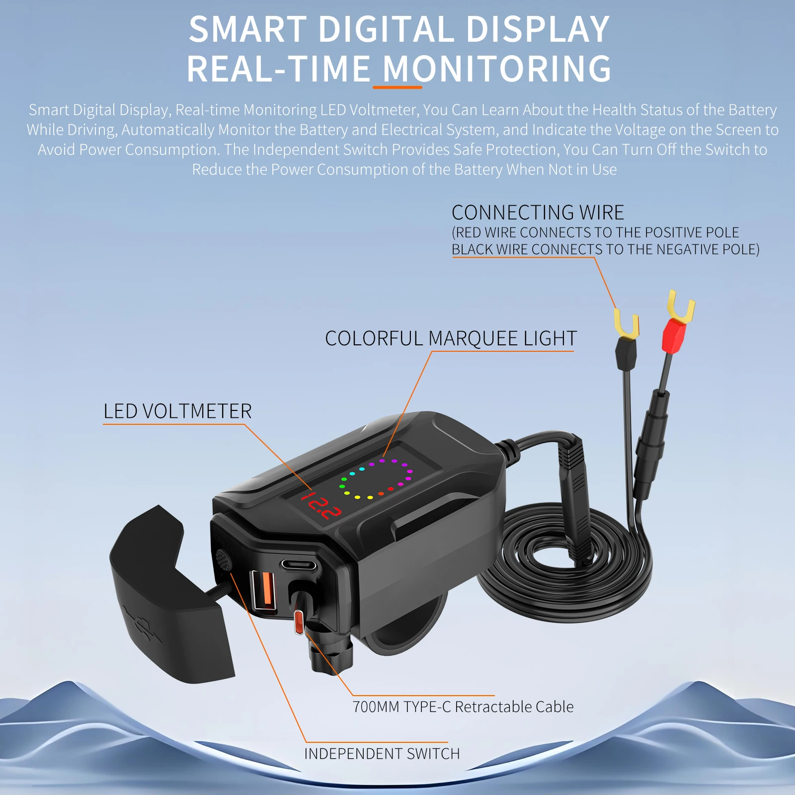 Extractme Motorcycle USB Fast Charger Waterproof Socket With Type C QC3.0 Power Outlet Moto Phone Charger with Voltmeter &Switch