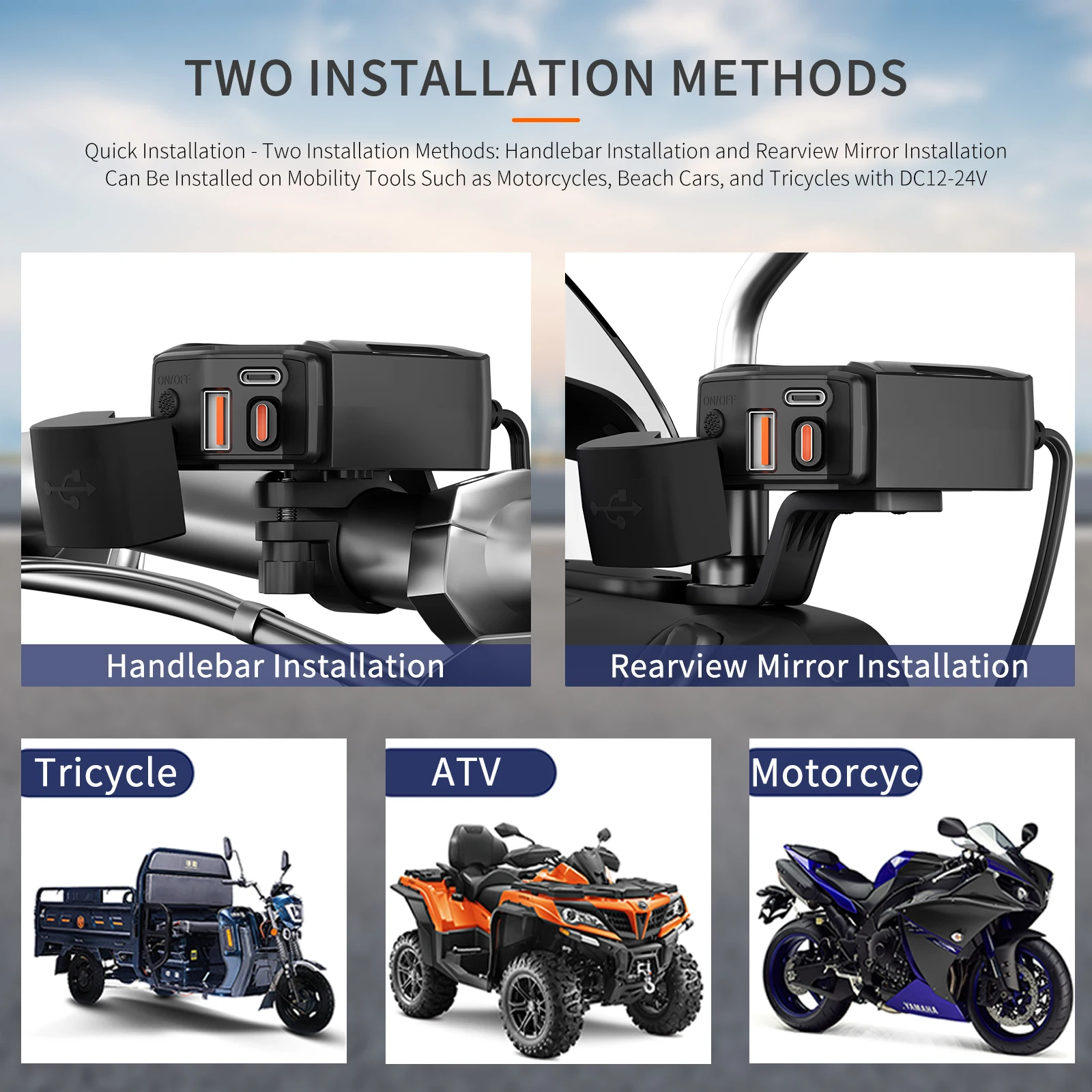 Extractme Motorcycle USB Fast Charger Waterproof Socket With Type C QC3.0 Power Outlet Moto Phone Charger with Voltmeter &Switch
