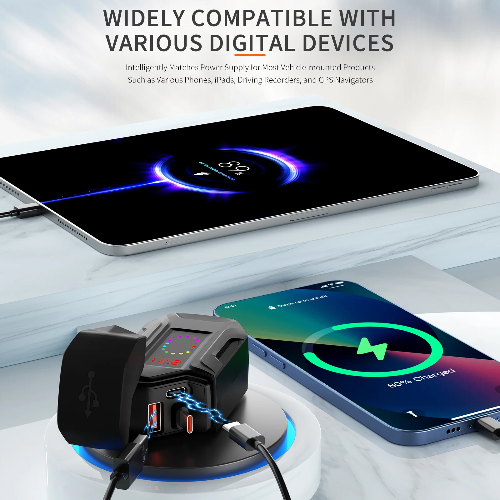 Extractme Motorcycle USB Fast Charger Waterproof Socket With Type C QC3.0 Power Outlet Moto Phone Charger with Voltmeter &Switch