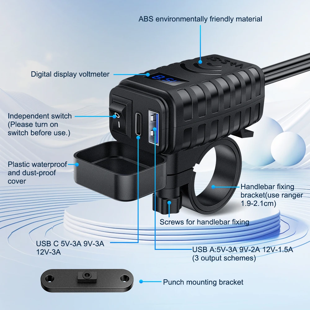 Extractme Motorcycle USB Fast Charger Waterproof Socket With Type C QC3.0 Power Outlet Moto Phone Charger with Voltmeter &Switch